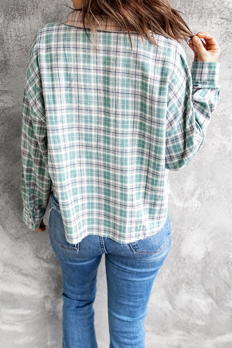 Casual Plaid Split Joint Buckle Turndown Collar Tops