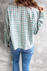 Casual Plaid Split Joint Buckle Turndown Collar Tops