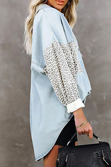 Casual Leopard Split Joint Buckle Turndown Collar Tops