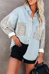 Casual Leopard Split Joint Buckle Turndown Collar Tops