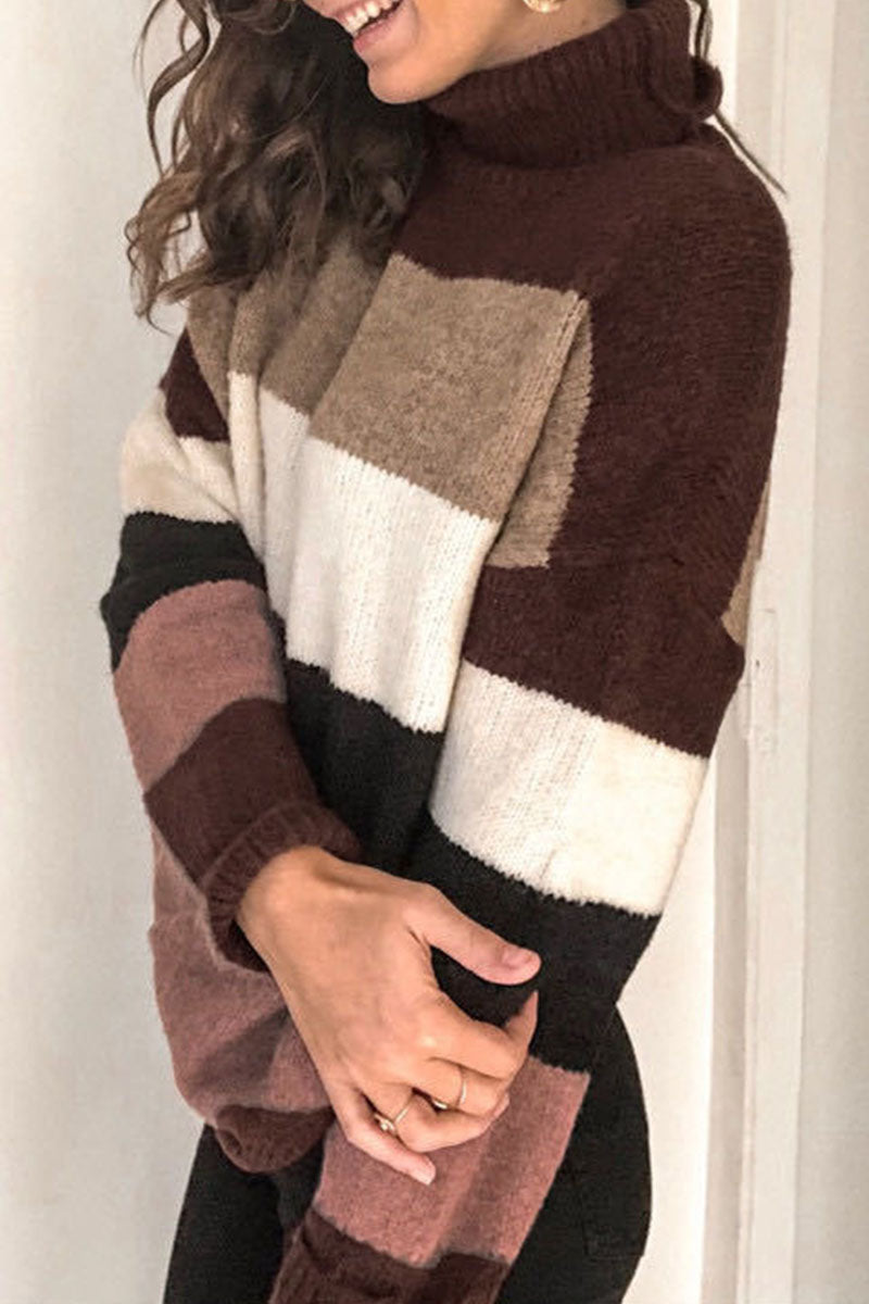 Fashion Street Striped Patchwork Turtleneck Tops