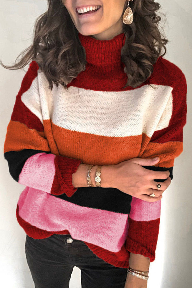 Fashion Street Striped Patchwork Turtleneck Tops