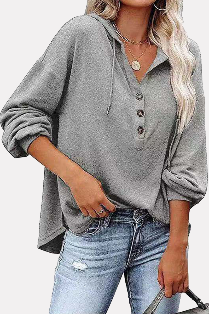 Casual Solid Draw String Buckle Hooded Collar Tops