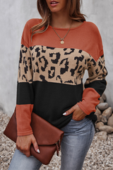 Casual Leopard Patchwork Contrast O Neck Tops