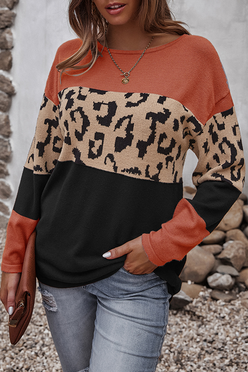 Casual Leopard Patchwork Contrast O Neck Tops