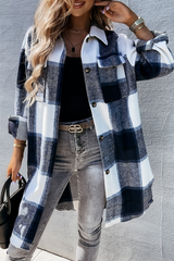 Casual Plaid Patchwork Buckle Turndown Collar Outerwear(3 Colors)