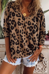 Casual Leopard Patchwork Basic V Neck Tops