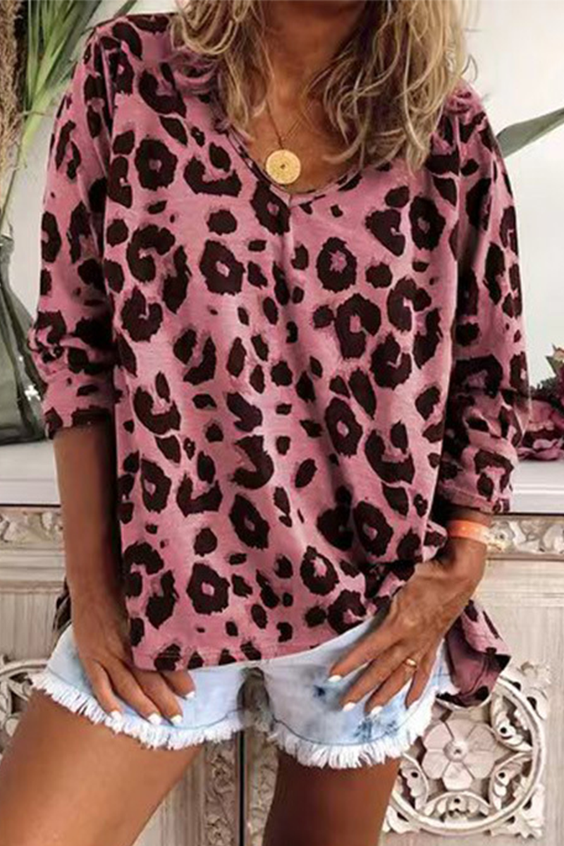 Casual Leopard Patchwork Basic V Neck Tops