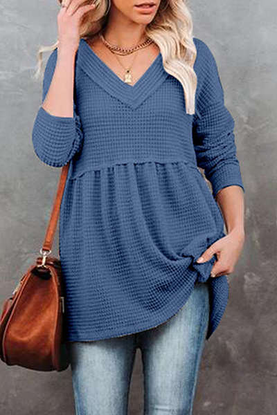 Casual Solid Patchwork Fold V Neck Tops(7 colors)