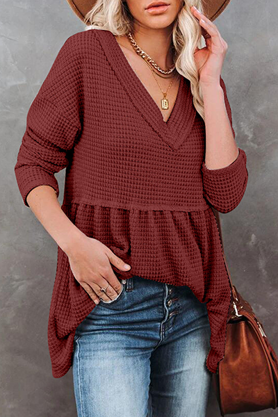 Casual Solid Patchwork Fold V Neck Tops(7 colors)