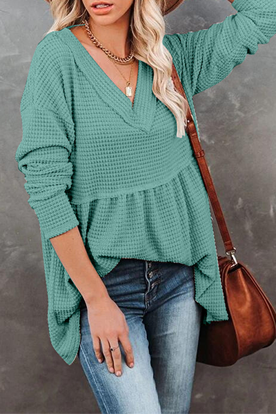 Casual Solid Patchwork Fold V Neck Tops(7 colors)