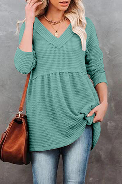 Casual Solid Patchwork Fold V Neck Tops(7 colors)