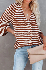 Casual Striped Split Joint Buckle V Neck Tops