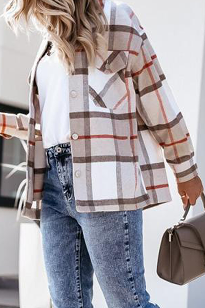 Casual Street Plaid Split Joint Buckle Turndown Collar Tops