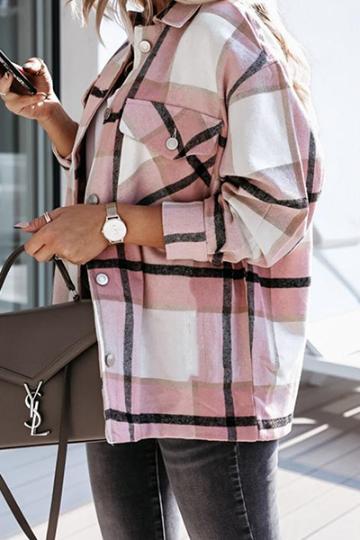 Casual Street Plaid Split Joint Buckle Turndown Collar Tops