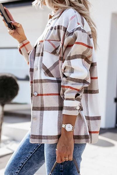 Casual Street Plaid Split Joint Buckle Turndown Collar Tops