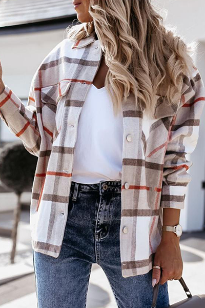 Casual Street Plaid Split Joint Buckle Turndown Collar Tops