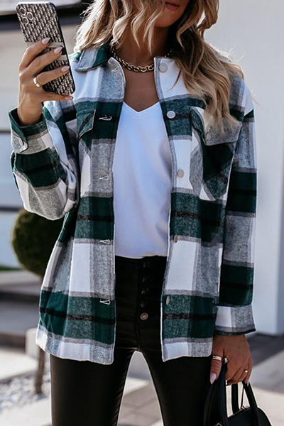 Casual Street Plaid Split Joint Buckle Turndown Collar Tops