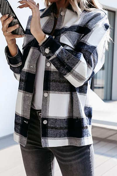 Casual Street Plaid Split Joint Buckle Turndown Collar Tops