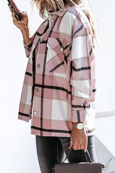 Casual Street Plaid Split Joint Buckle Turndown Collar Tops