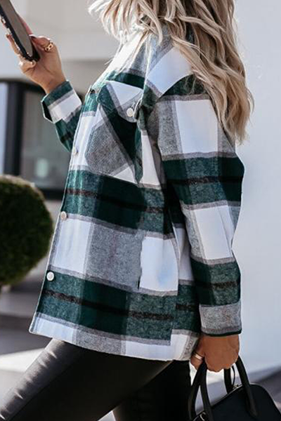 Casual Street Plaid Split Joint Buckle Turndown Collar Tops