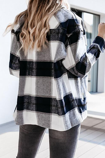 Casual Street Plaid Split Joint Buckle Turndown Collar Tops