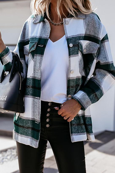 Casual Street Plaid Split Joint Buckle Turndown Collar Tops
