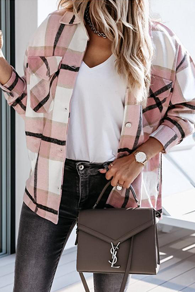 Casual Street Plaid Split Joint Buckle Turndown Collar Tops