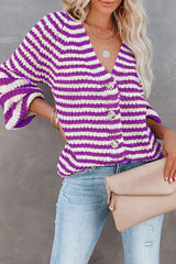 Fashion Casual Striped Split Joint V Neck Tops