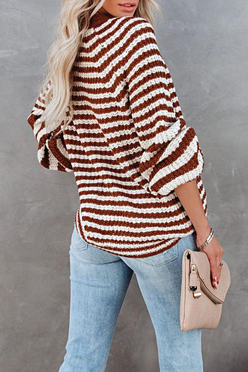 Fashion Casual Striped Split Joint V Neck Tops