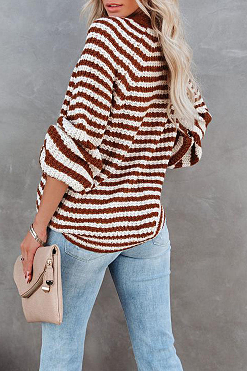 Fashion Casual Striped Split Joint V Neck Tops