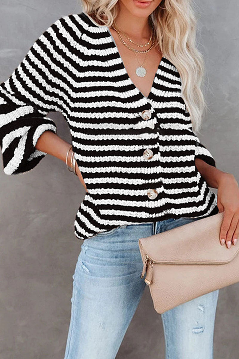 Fashion Casual Striped Split Joint V Neck Tops