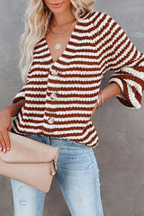 Fashion Casual Striped Split Joint V Neck Tops