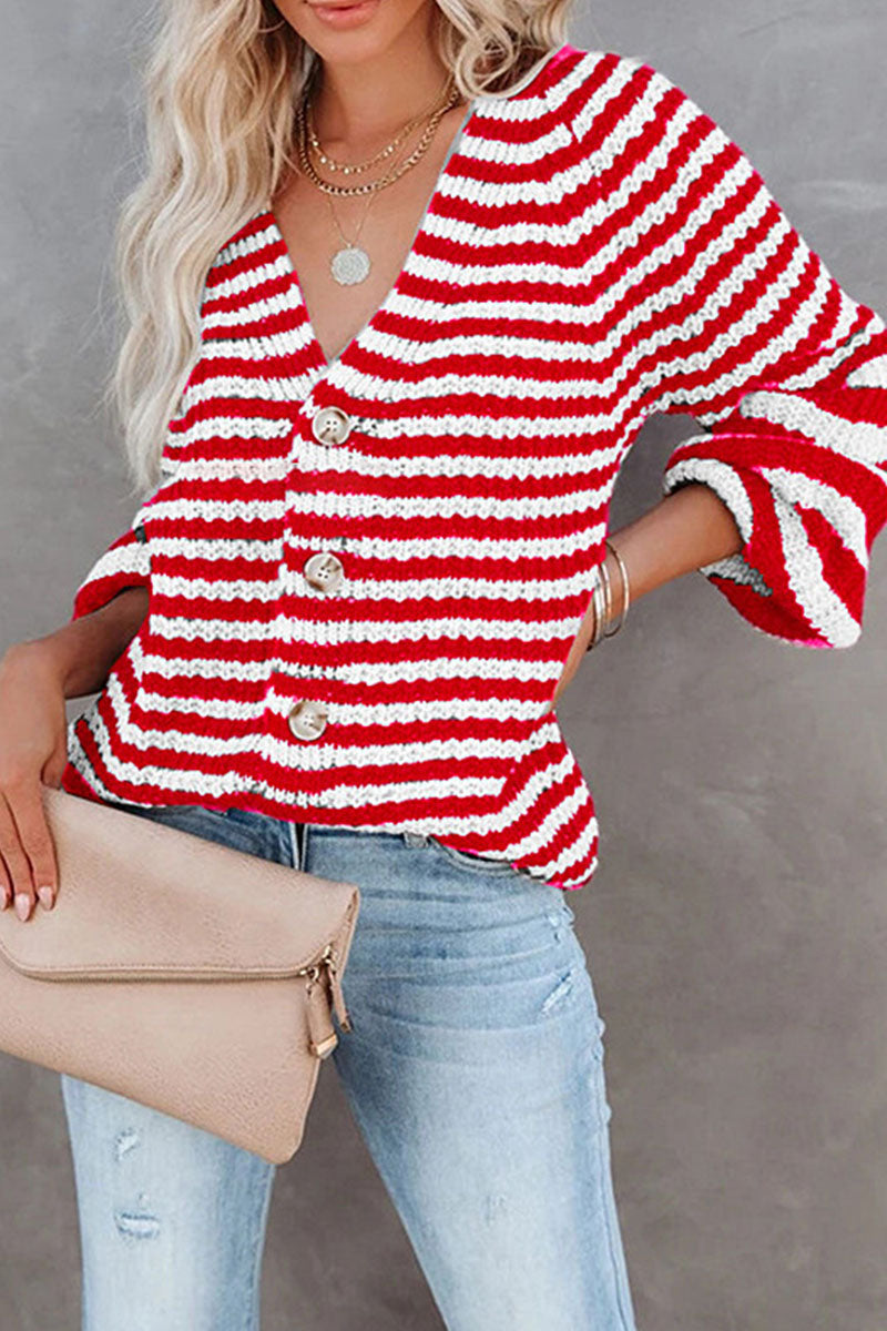 Fashion Casual Striped Split Joint V Neck Tops