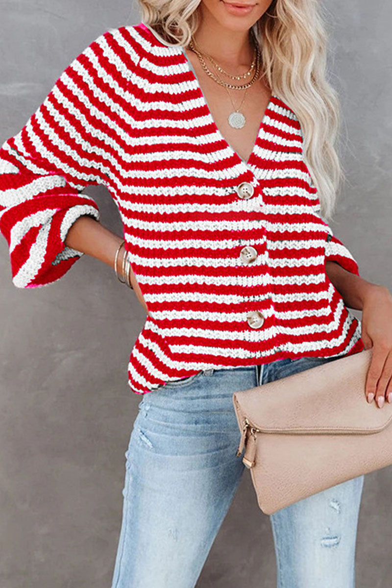 Fashion Casual Striped Split Joint V Neck Tops