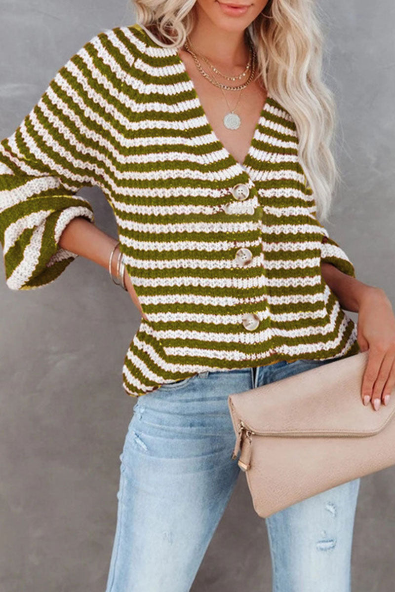 Fashion Casual Striped Split Joint V Neck Tops