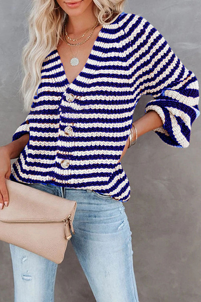 Fashion Casual Striped Split Joint V Neck Tops