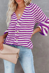 Fashion Casual Striped Split Joint V Neck Tops