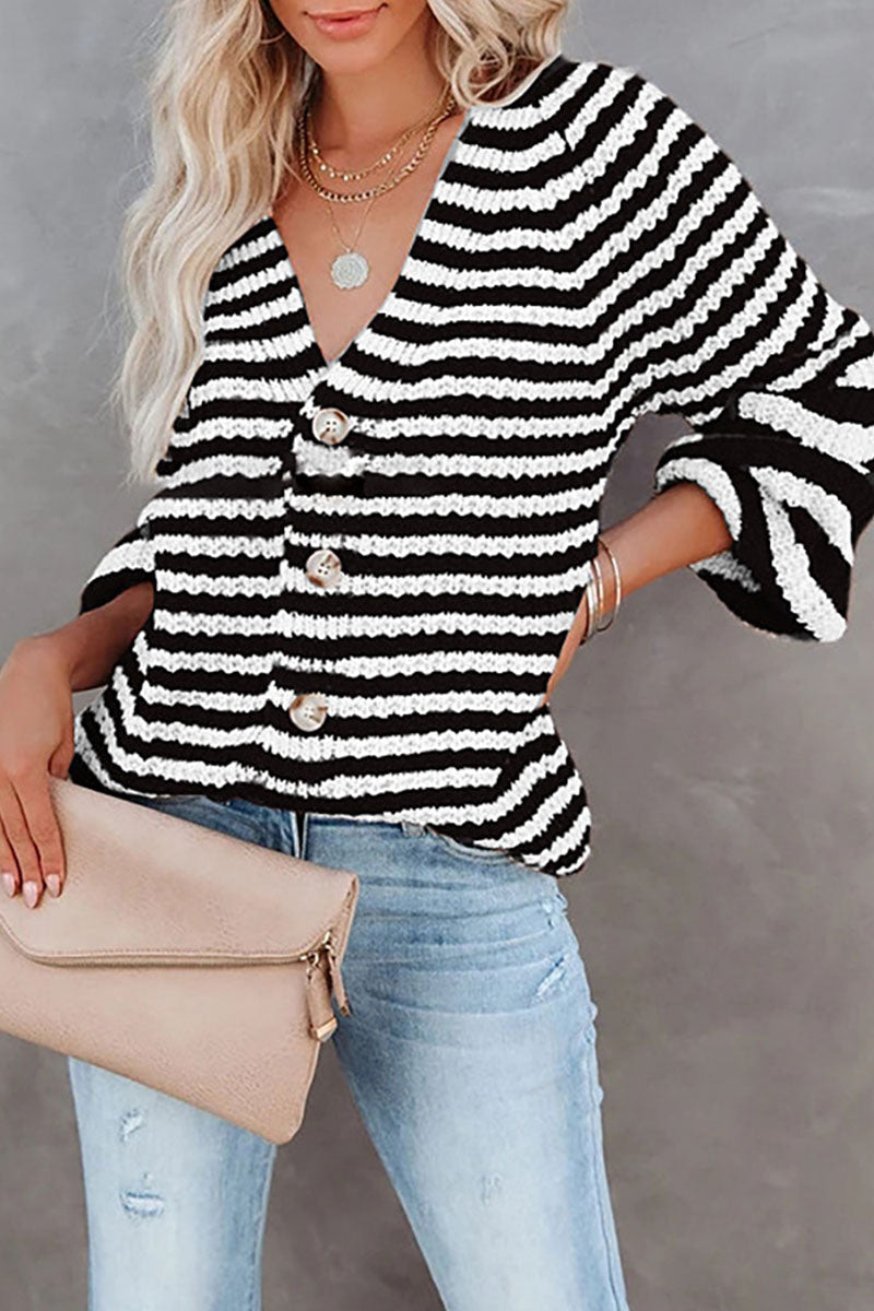 Fashion Casual Striped Split Joint V Neck Tops