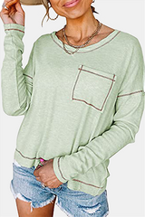 Casual Patchwork Pocket O Neck Tops(7 colors)