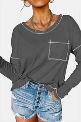 Casual Patchwork Pocket O Neck Tops(7 colors)