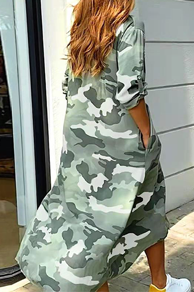 Casual Print Camouflage Print Sequins Buckle Turndown Collar Shirt Dress Dresses