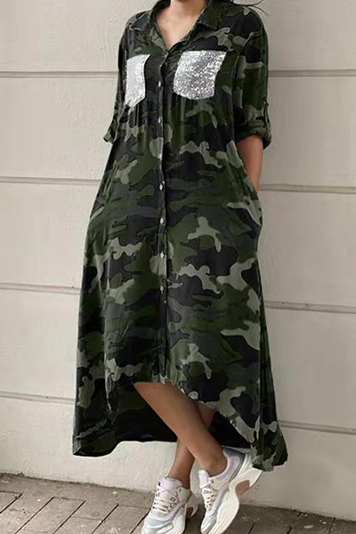 Casual Print Camouflage Print Sequins Buckle Turndown Collar Shirt Dress Dresses