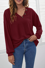 Casual Solid Patchwork Buttons V Neck Tops(4 colors)