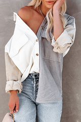 Casual Patchwork Pocket Buckle Contrast Turndown Collar Tops