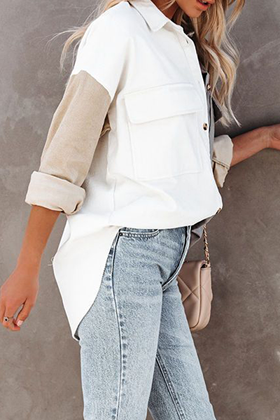 Casual Patchwork Pocket Buckle Contrast Turndown Collar Tops