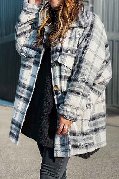 Casual Plaid Pocket Buckle Turndown Collar Outerwear