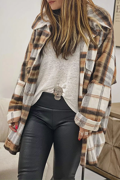 Casual Plaid Pocket Buckle Turndown Collar Outerwear