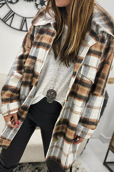 Casual Plaid Pocket Buckle Turndown Collar Outerwear