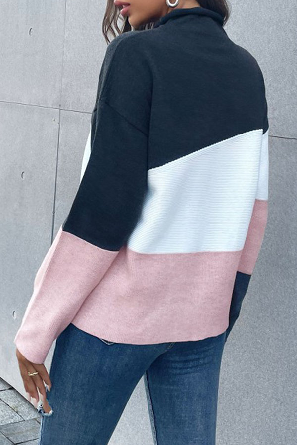 Casual Color Lump Split Joint  Contrast Half A Turtleneck Tops